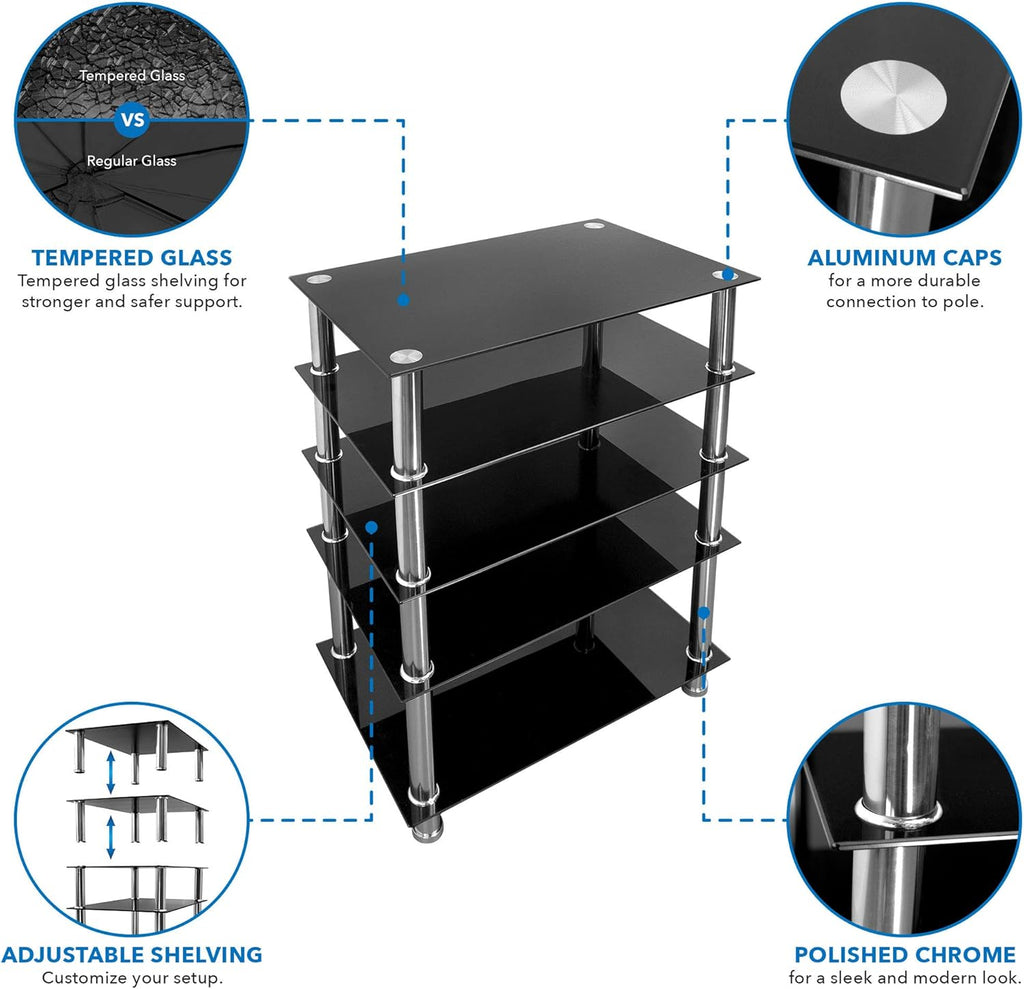 Mount-It! Tempered Glass AV Component Media Stand, Audio Tower and Media Center with 5 Shelves, 220 Lbs Total Capacity, Black Shelves Chrome Legs (MI-8671)