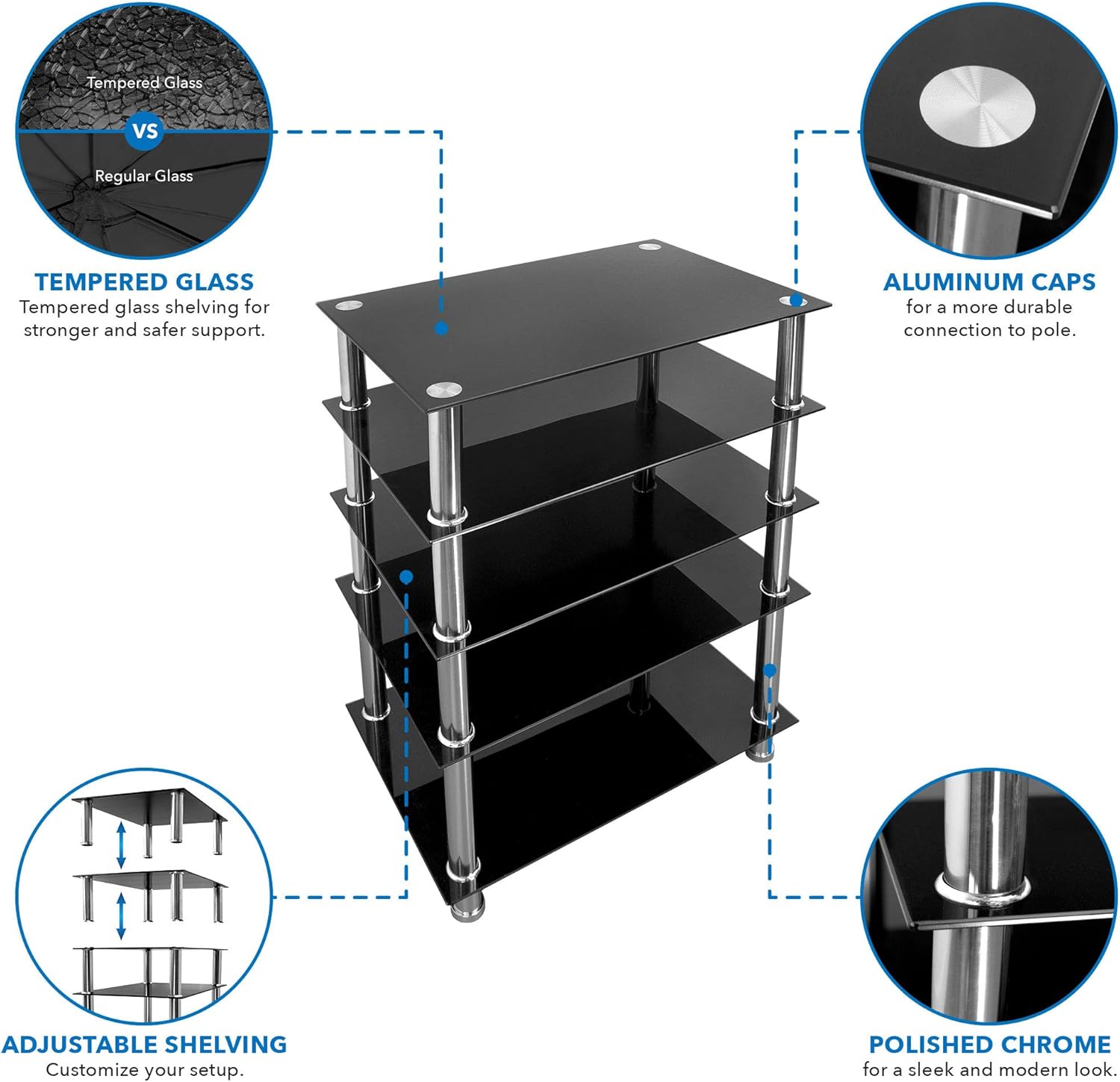 Mount-It! Tempered Glass AV Component Media Stand, Audio Tower and Media Center with 5 Shelves, 220 Lbs Total Capacity, Black Shelves Chrome Legs (MI-8671)