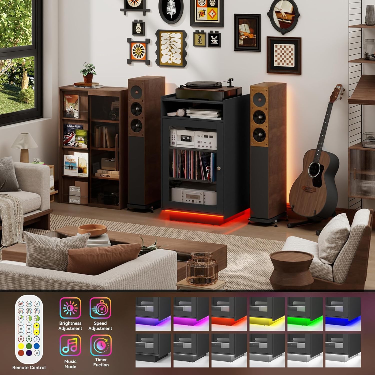 ELECWISH Media Cabinet with Tempered Glass Door, 5-Tier Stereo Cabinet with Adjustable Shelf, Media Stand with LED Light, AV Rack with Cable Management