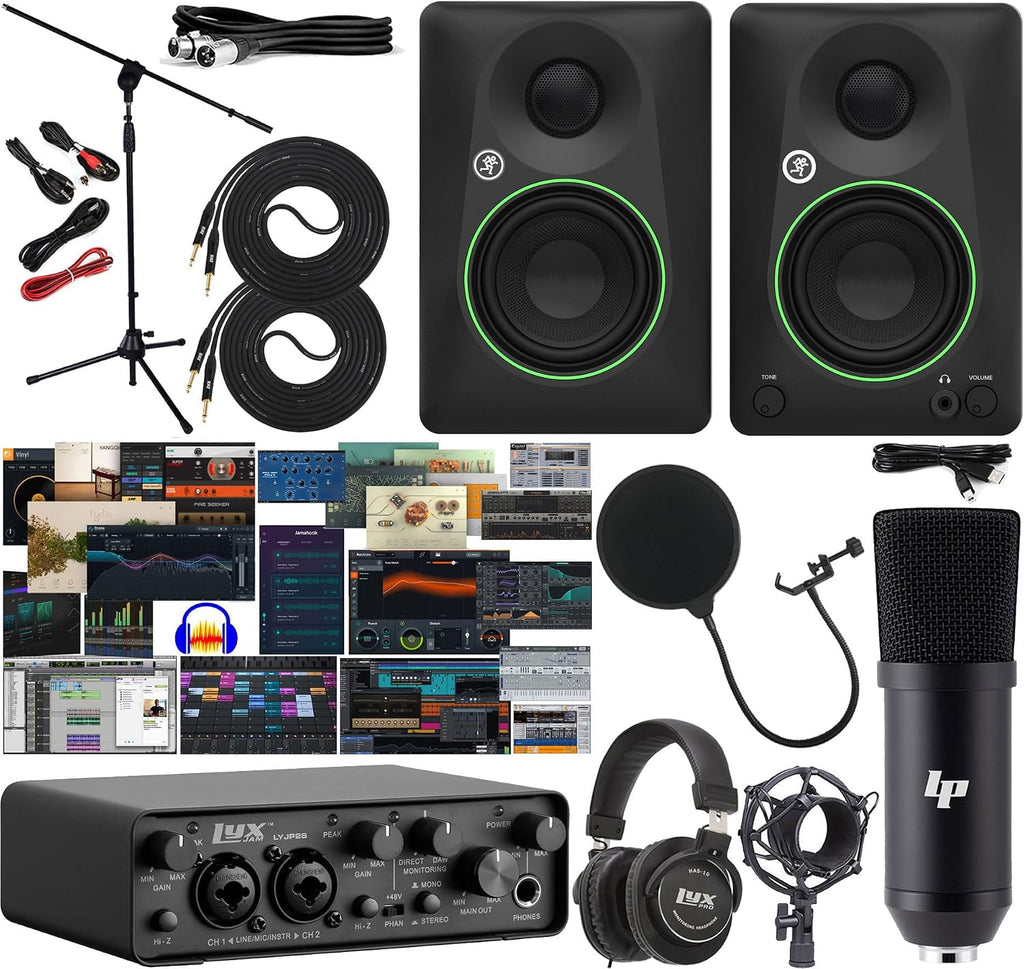 LyxJam 2x2 USB Audio Interface Studio Bundle with LP Condenser Microphone, Headphones, Mackie CR3.5 3.5' Multimedia Studio Monitors, Stand, Cables & Creative Software