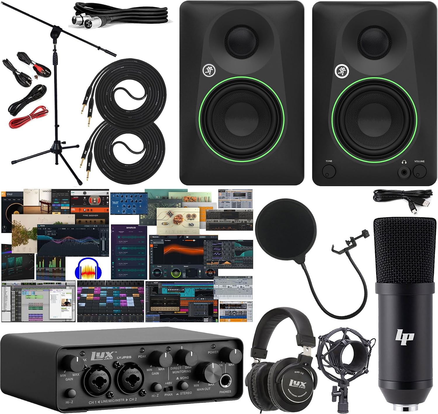 LyxJam 2x2 USB Audio Interface Studio Bundle with LP Condenser Microphone, Headphones, Mackie CR3.5 3.5' Multimedia Studio Monitors, Stand, Cables & Creative Software