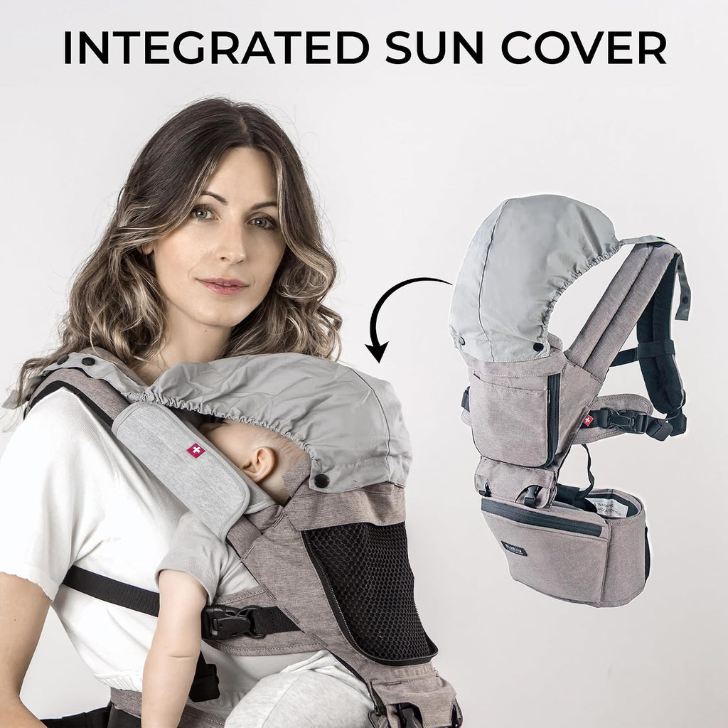 MiaMily Ergonomic Hip Seat Baby Carrier, 6 Carry Positions, Newborn to Toddler, Lumbar Support, Adjustable Waist Belt, Hipster Plus, Stone Grey