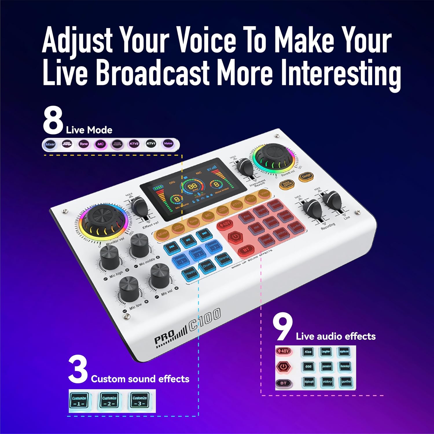 HICALL C100 PRO - P15 Mixing Console Sound Card Microphone Kit - Smart Noise Cancellation, Voice Effects, Long Battery, Cross-Platform