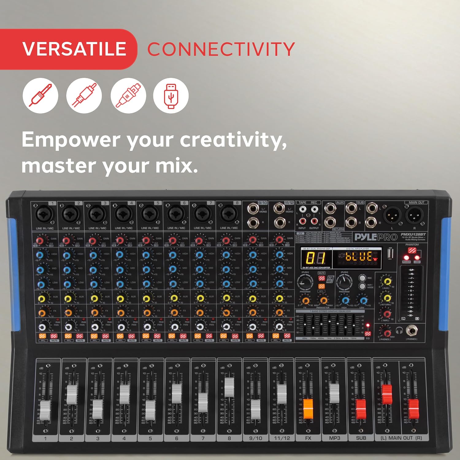 Pyle 12-Channel Console Style Audio Mixer with Bluetooth - DJ Sound Controller, 8 XLR / Combo Inputs, Sub Out, +48V Phantom, USB-A In, 16 DSP Effects, MP3 Player, 7-Band EQ - PMXU128BT