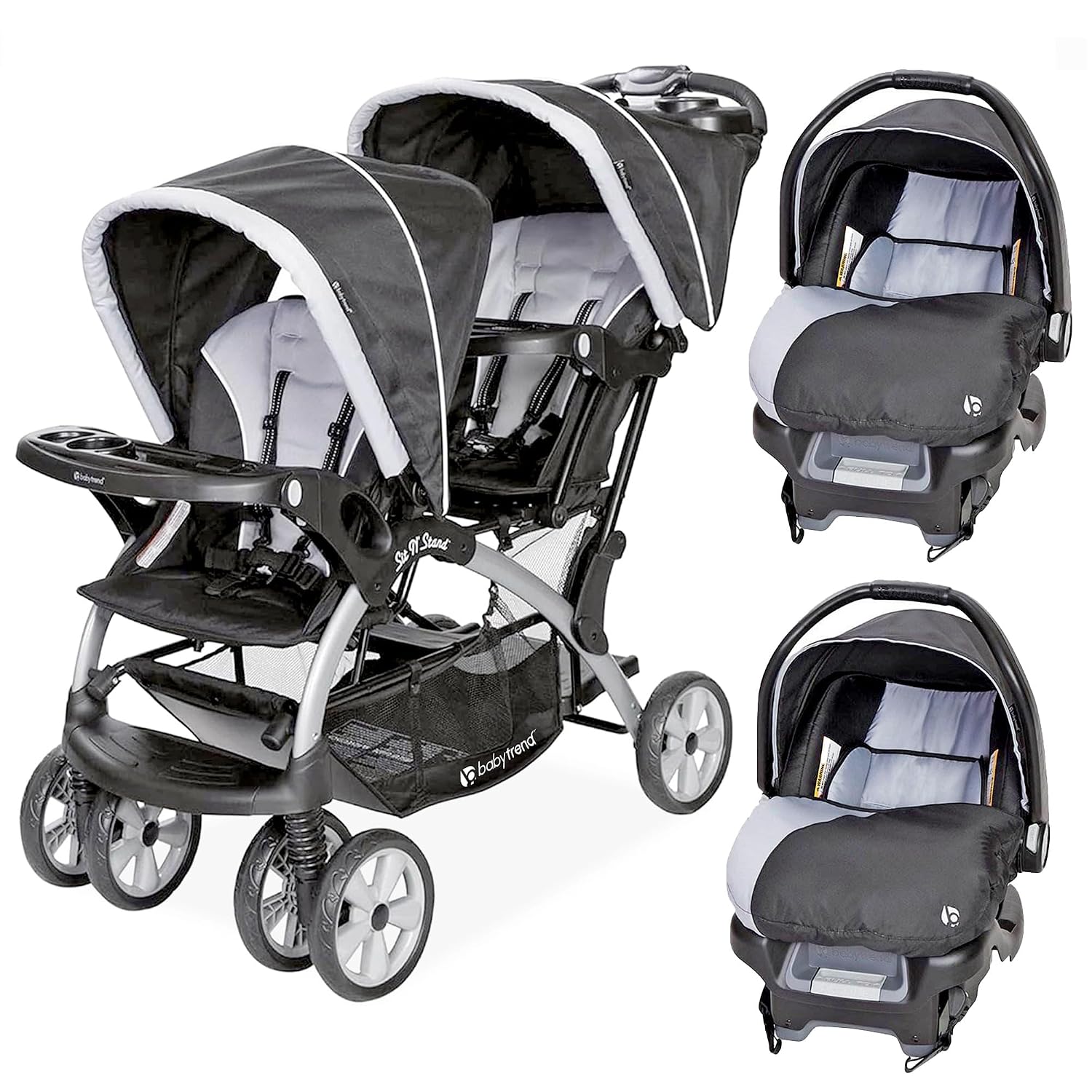 Baby Trend Infant and Toddler Double Stroller & 2 Car Seat Combo, 3 Pc Set, Stormy - Portable and Lightweight Stroller Duo and Car Seat Travel System Tandem