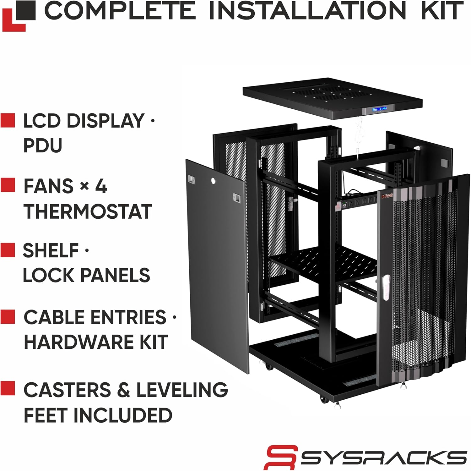 Sysracks 22U Server Rack Cabinet, 39' Deep 19' Floor Standing Enclosed Network Rack for Home Lab, NAS, UPS & AV Gear, Vented Doors, 4 Fans, PDU, Shelf, 1600 lb Capacity