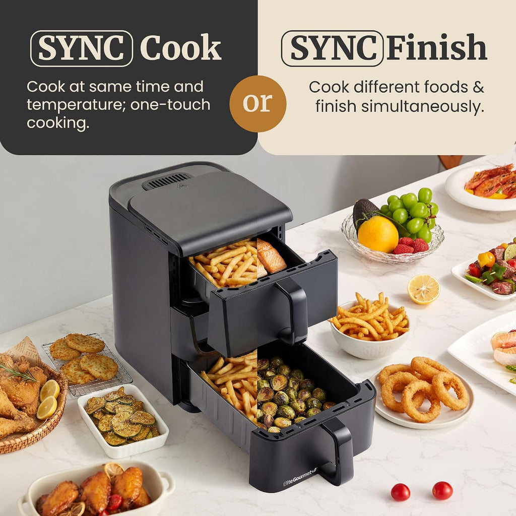 Elite Gourmet Dual Stacked Air Fryer, 10.5 Qt Total Capacity, PFAS-Free Nonstick Baskets, Sync Cook & Sync Finish, 10 Presets, 1700W, Black