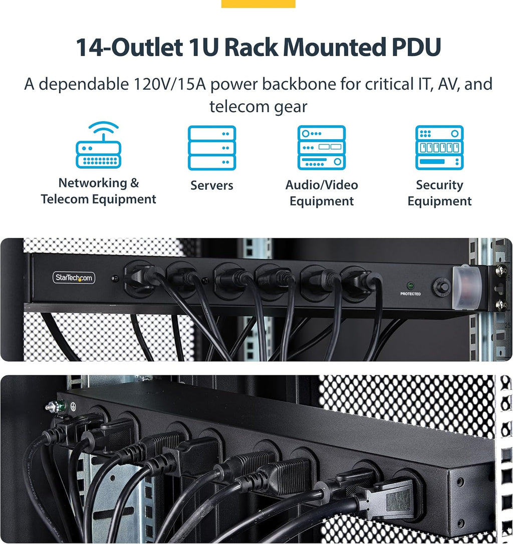 StarTech.com 14-Outlet Rackmount PDU, 1U Server Rack Accessories Surge Protector Power Strip, 6X Front and 8X Rear Ports, Rack Mount Power Distribution Unit Outlet Strip with 8ft Power Cord