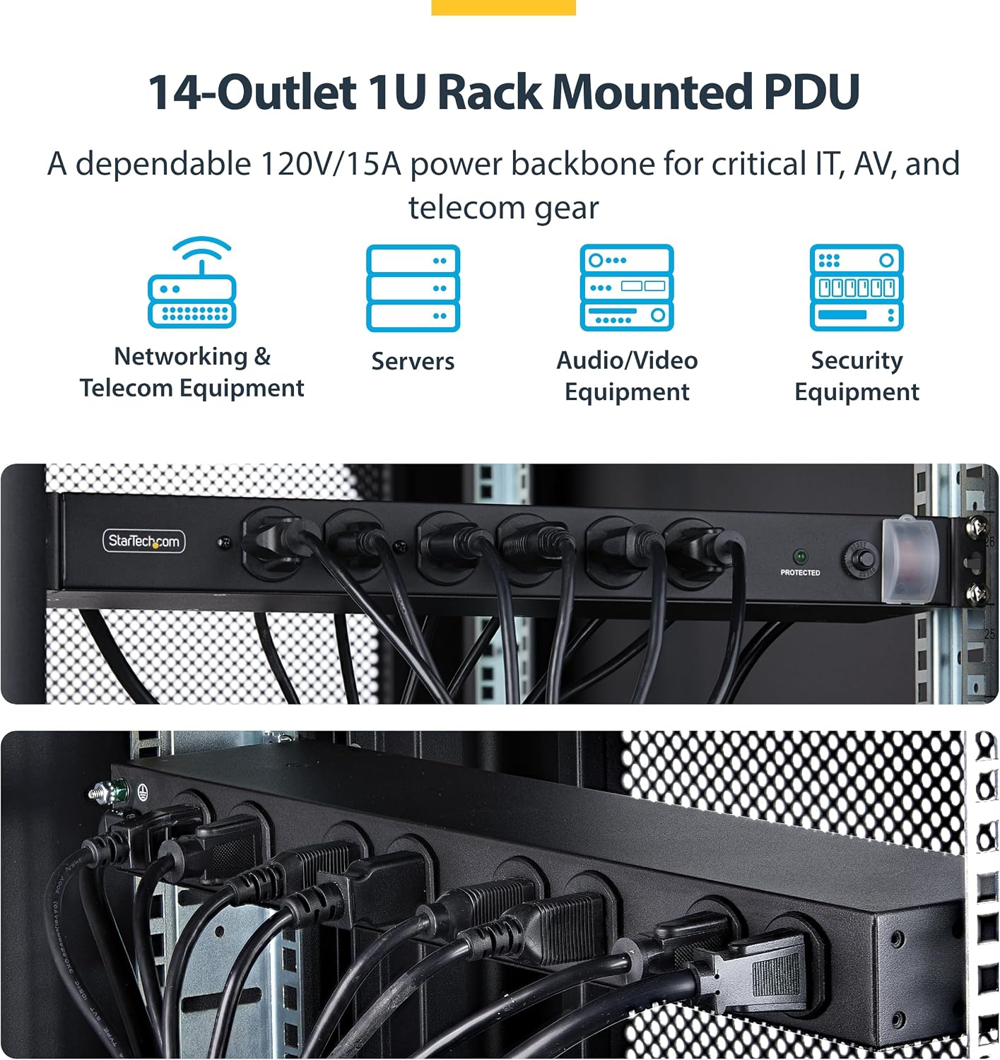 StarTech.com 14-Outlet Rackmount PDU, 1U Server Rack Accessories Surge Protector Power Strip, 6X Front and 8X Rear Ports, Rack Mount Power Distribution Unit Outlet Strip with 8ft Power Cord