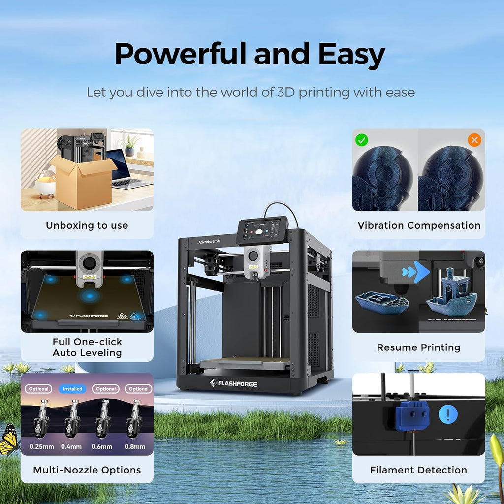 FLASHFORGE Adventurer 5M 3D Printer, 600mm/s Max High-Speed FDM 3D Printers with Auto Leveling, 280°C Direct Extruder with 3S Detachable Nozzle, Core XY All Metal Structure, Print Size 220x220x220mm