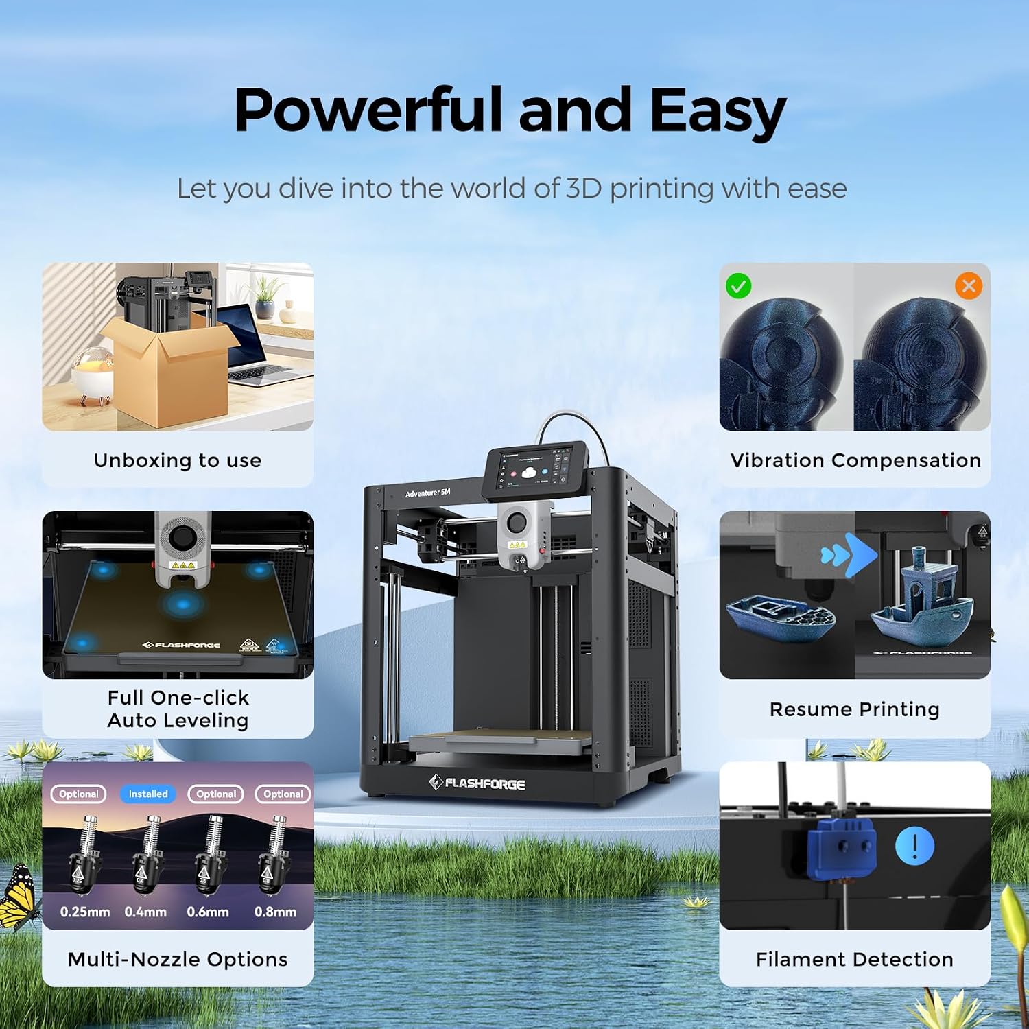 FLASHFORGE Adventurer 5M 3D Printer, 600mm/s Max High-Speed FDM 3D Printers with Auto Leveling, 280°C Direct Extruder with 3S Detachable Nozzle, Core XY All Metal Structure, Print Size 220x220x220mm