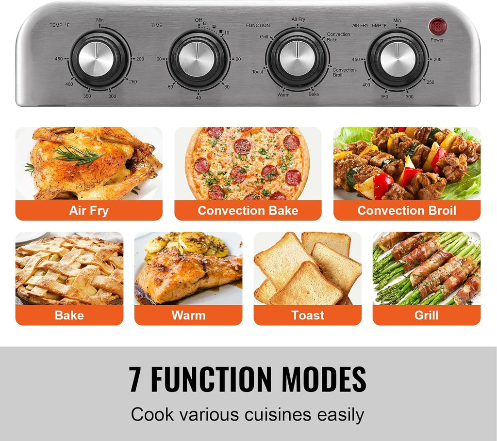 Happybuy 7-in-1 Air Fryer Toaster Oven, 18L Convection Oven, 1700W Stainless Steel, Countertop Combo with Grill, Pizza Pan, Gloves, 6 Slices Toast, 12-inch Pizza, Home & Commercial Use