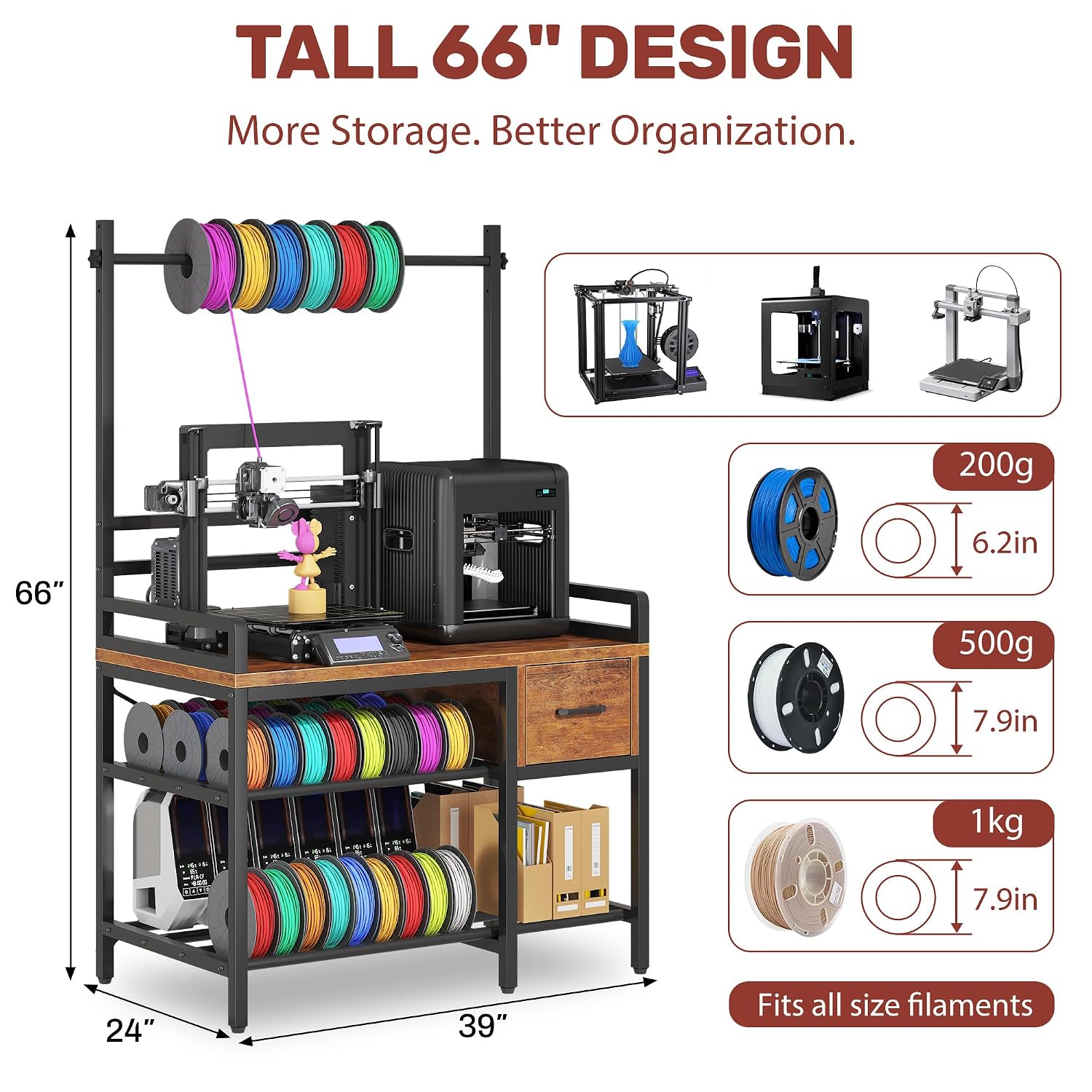 3D Printer Stand with Filament Storage – Tall 66' Heavy Duty Metal 3D Printer Table with Power Hub, Drawer & X-Bracket Stability for Workshop, Studio, Office