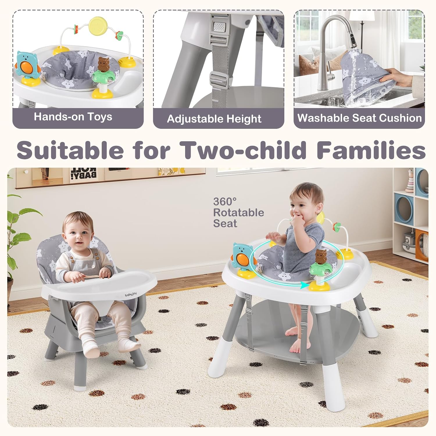 BABY JOY 16 in 1 High Chair, Convertible Baby Highchair for Babies and Toddlers with Activity Center, Booster Seat, Building Block Table, Toddler Chair with Safety Harness, Removable Tray (Gray)