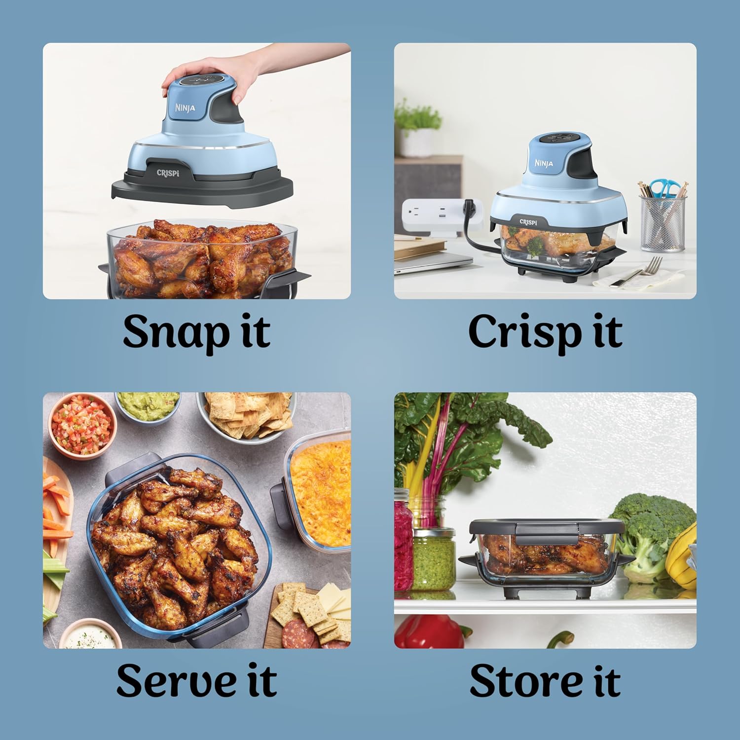 Ninja Crispi Air Fryer, Microwave, Freezer & Dishwasher Safe, Non Toxic Glass Portable Cooking System, 4 QT & 6 Cup Glass Containers with Storage Lids, Easy Meals, Air Fry, Bake, Periwinkle (Renewed)