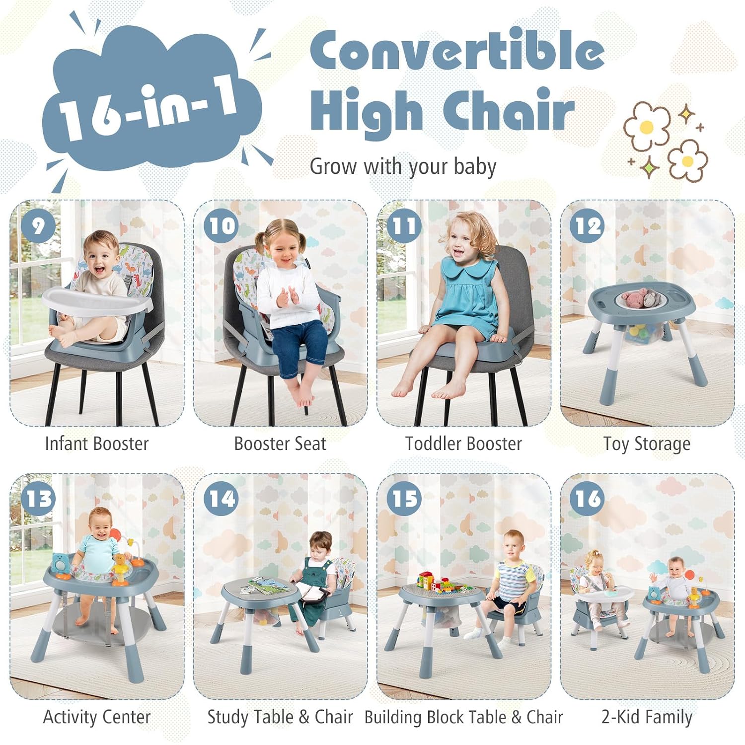 HONEY JOY 16-in-1 Baby High Chair, Convertible Highchair for Babies and Toddlers/Booster Seat/Activity Center with Toys, Building Block Table & Stool, Safety Harness, Removable Cushion & Tray (Blue)