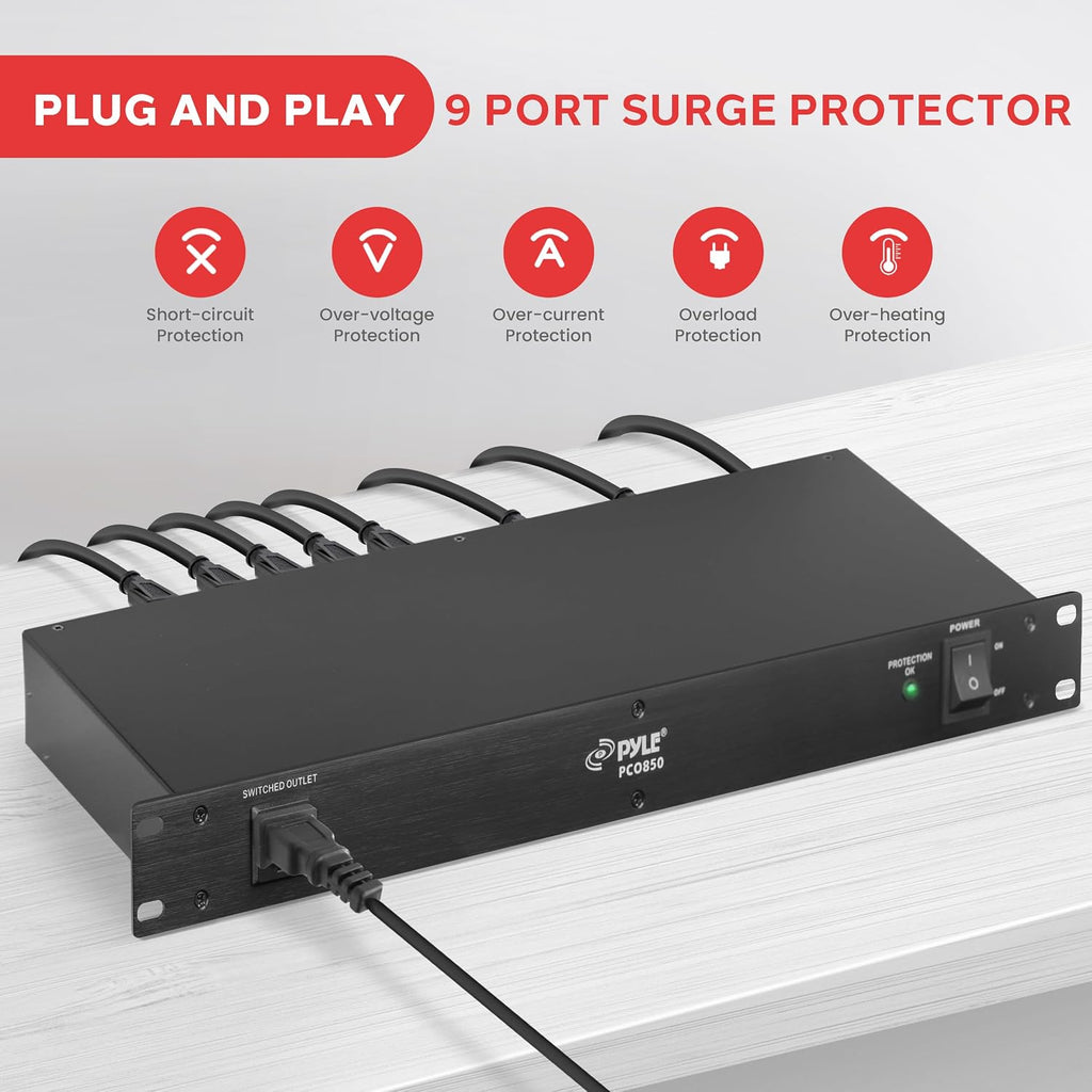 Pyle 10 Outlet 2000W Power Sequencer Rack Mount Pro Audio Supply Controller with PDU Power Strip Surge Protector