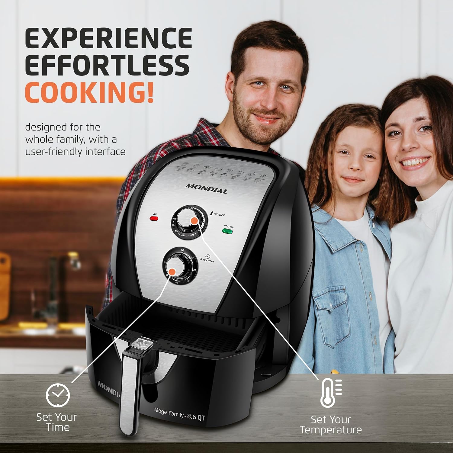 MONDIAL Air Fryer - 8.6 Quart Extra-Large Air Fryer, 2 Simple Dial Controls, 1800 Watts - Quick Heat Circulation Technology, Low Fat Cooking Less Calories - Removable Squared Basket - Black