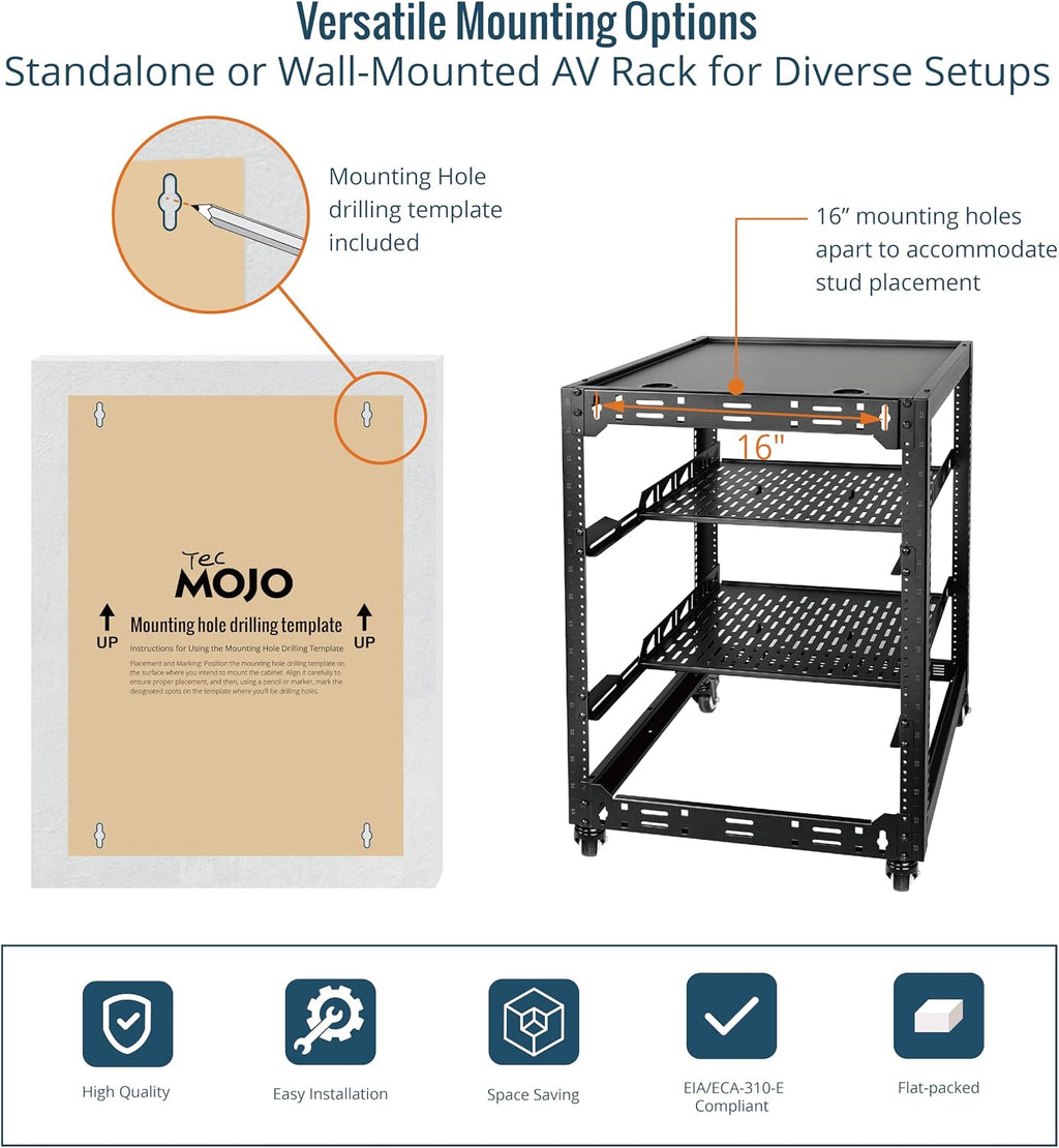 TECMOJO 16U Open Frame Network Rack for IT &AV Gear, AV Rack 4-Post with casters, Mobile 16U Rack with 2 PCS 1U Server Rack Shelf & Mounting Hardware, for 19' Network,Audio and Video Device