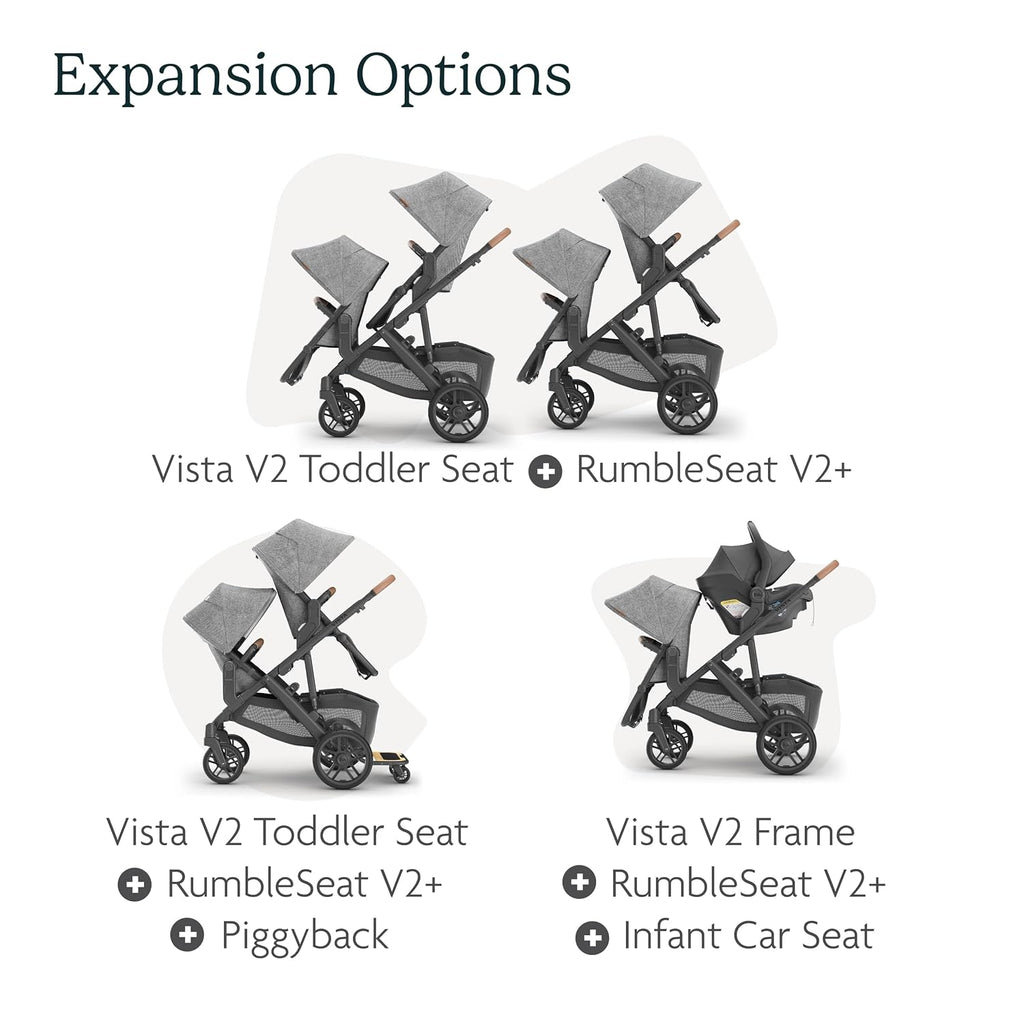 UPPAbaby RumbleSeat V2+ Second Lower Seat/Compatible with Vista V2 and Vista V3 / Adapters, Bumper Bar, Bug Shield Included/Emmett (Green Mélange/Silver Frame/Saddle Leather)