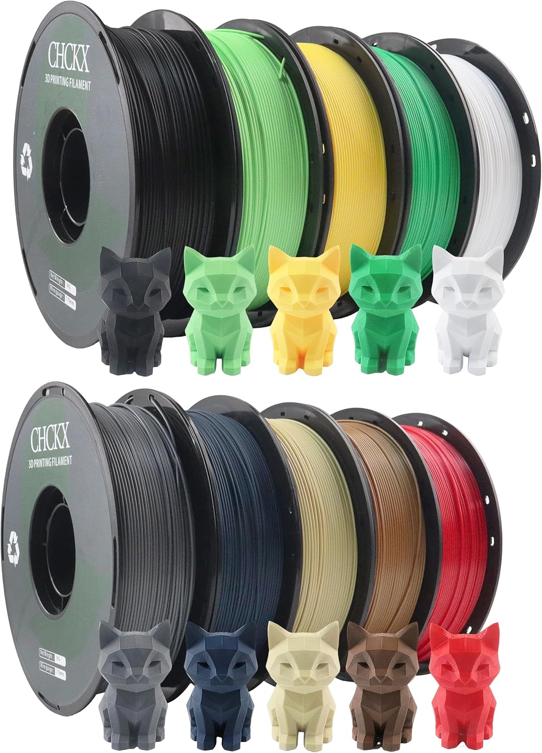10 Pack PLA 3D Printer Filament Bundle, Dimensional Accuracy +/- 0.02 mm, 1kg Spool(2.2lbs), 1.75 mm，Black White Grey Red Green Blue Yellow Brown Lemon Green Ice Cream