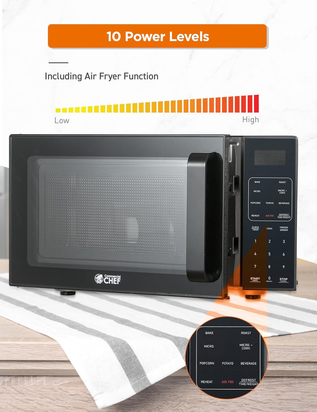 Commercial Chef 5-in-1 Countertop Microwave Air Fryer Combo, 0.9 Cu. Ft. Capacity, Microwave Air Fryer Convection Oven Bake and Roast, 900W, 10 Power Levels
