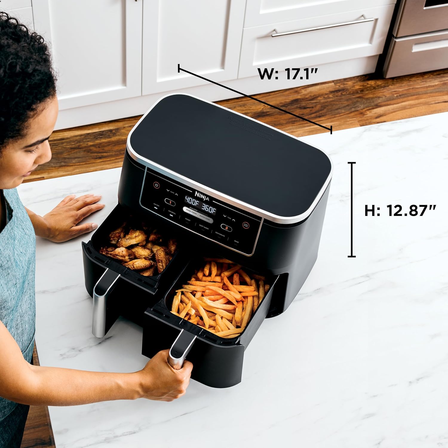 Ninja Foodi Air Fryer | 6-in-1 with 10-QT DualZone Baskets | Smart Finish to Cook 2 Foods at Once | Air Fry, Broil, Roast, Dehydrate, Keep Warm & Bake | 450° F |XL Capacity | Black | DZ302