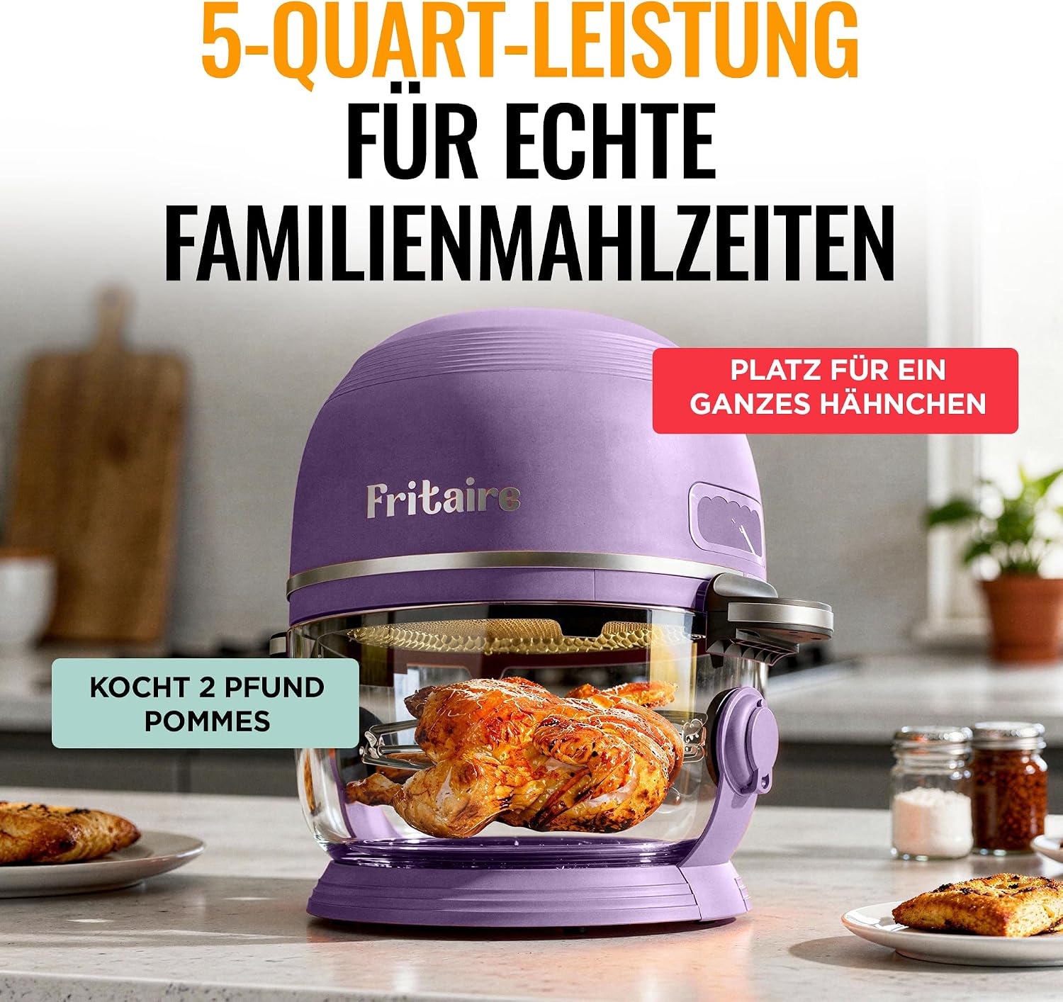 Non Toxic Air Fryer™ Pro | 9-in-1 Glass Air Fryer | Self-Cleaning | 5 Quart | Rotisserie and Tumbler | 400F Vortex For Even Cooking, BPA-Free Teflon Free, Recrisp, Roast, Bake, Lavender