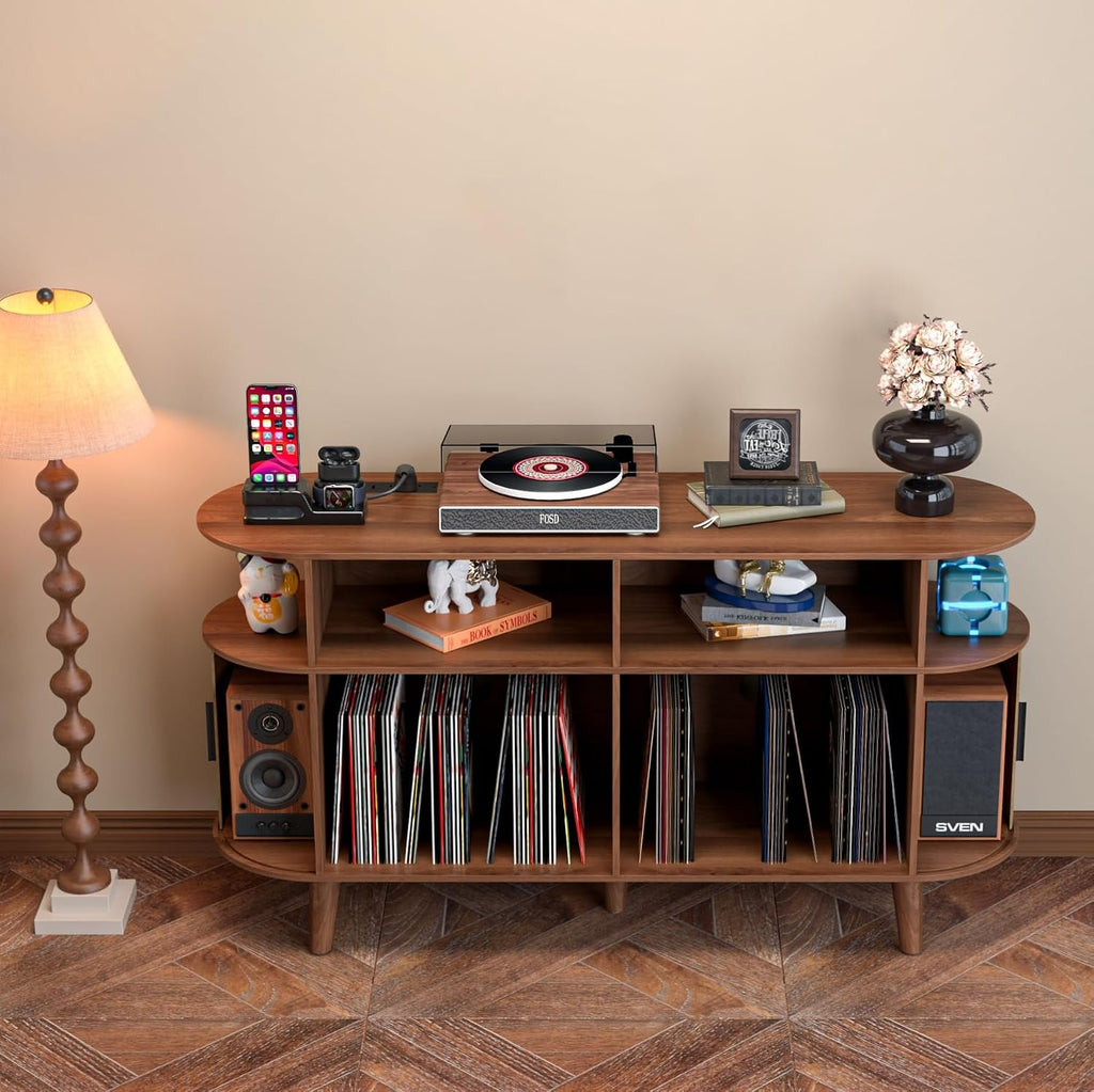 LUVIOHOME Large Round Record Player Stand with Charging Station & USB Ports，Record Storage Cabinet, Mid Century Modern Turntable Stand for Bedroom Living Room (Walnut)