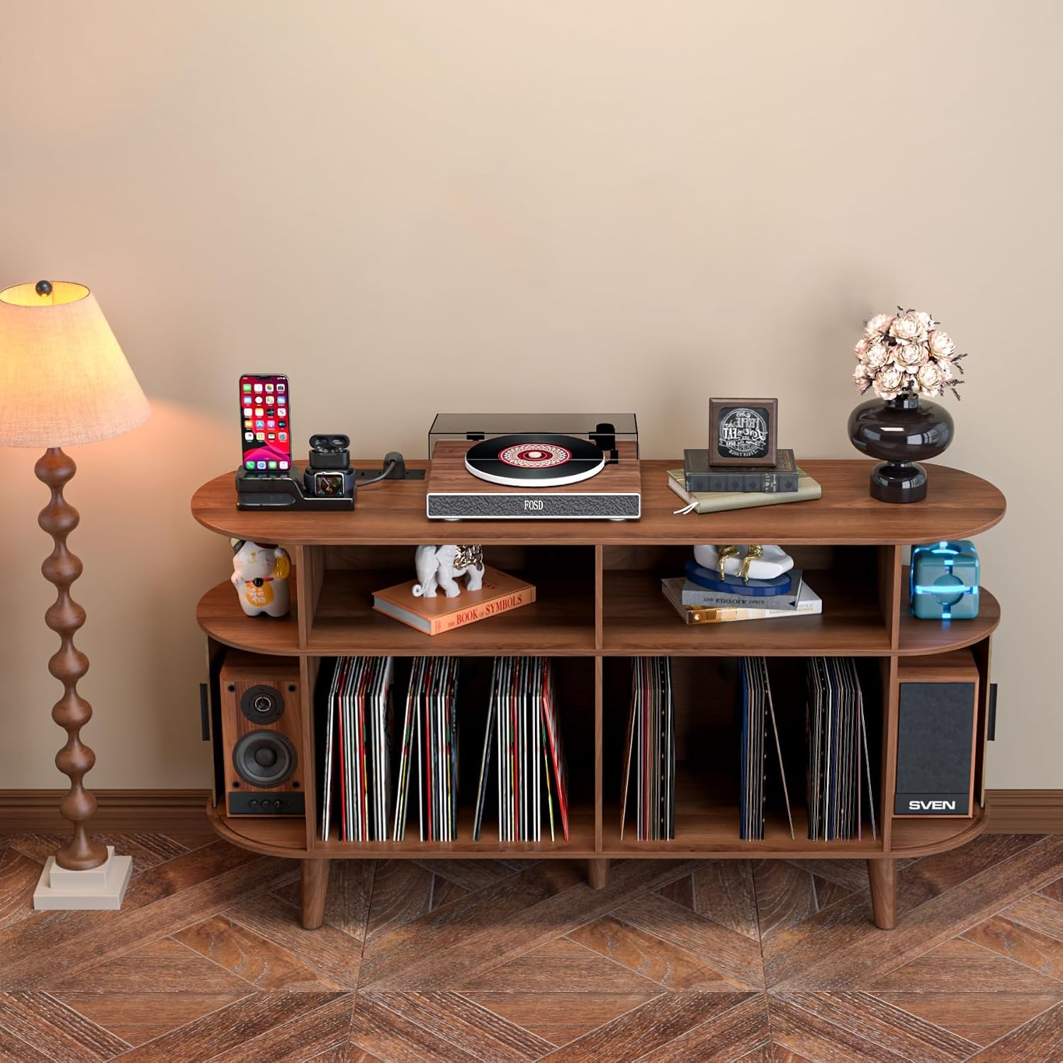 LUVIOHOME Large Round Record Player Stand with Charging Station & USB Ports，Record Storage Cabinet, Mid Century Modern Turntable Stand for Bedroom Living Room (Walnut)