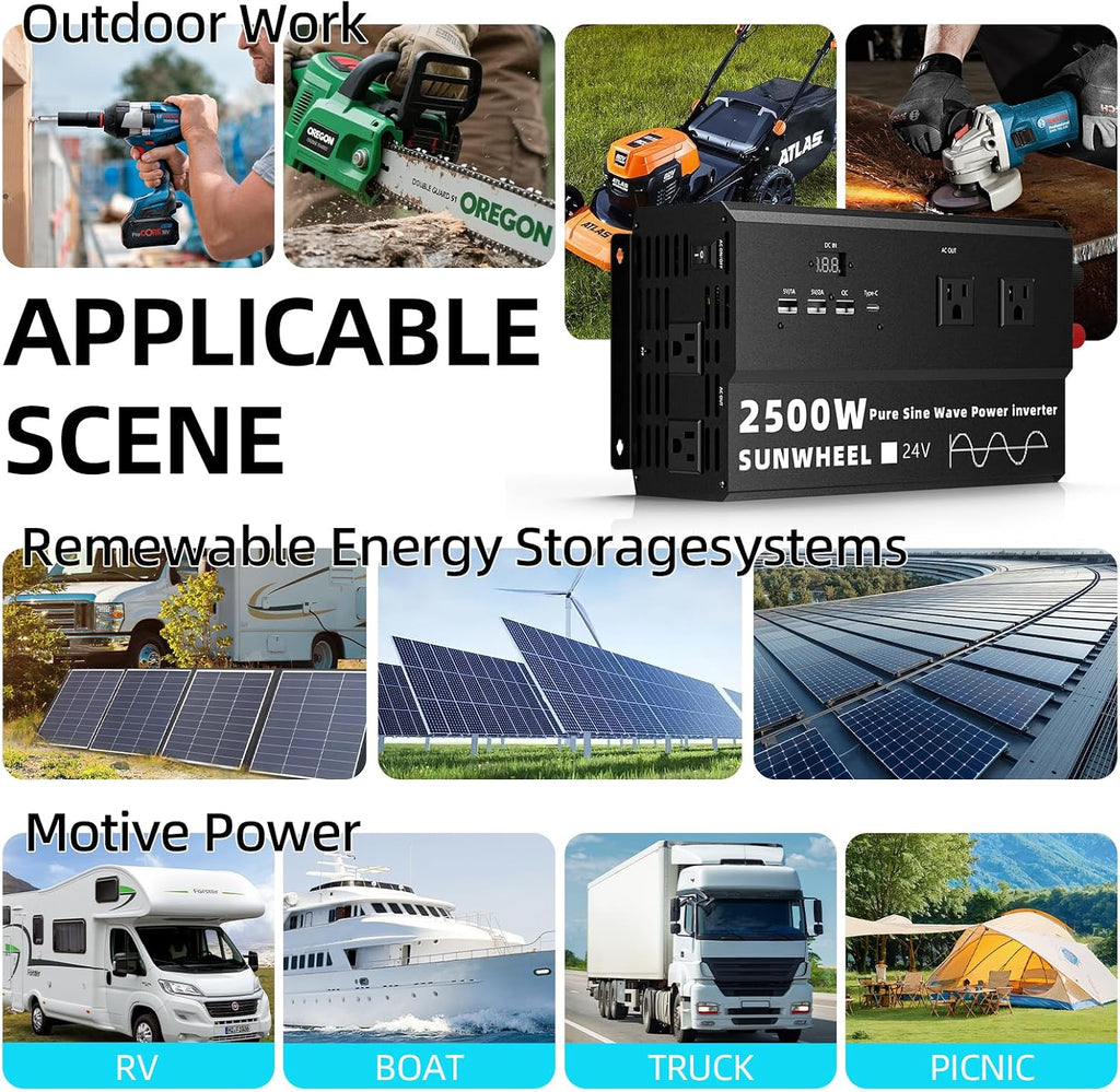 SUNWHEEL 2500W 24V Pure Sine Wave Inverter, 24V DC to 110V/120V AC Power Inverter for RV、Off Grid、Truck、Power Outage with 4 AC outlets and LCD Display