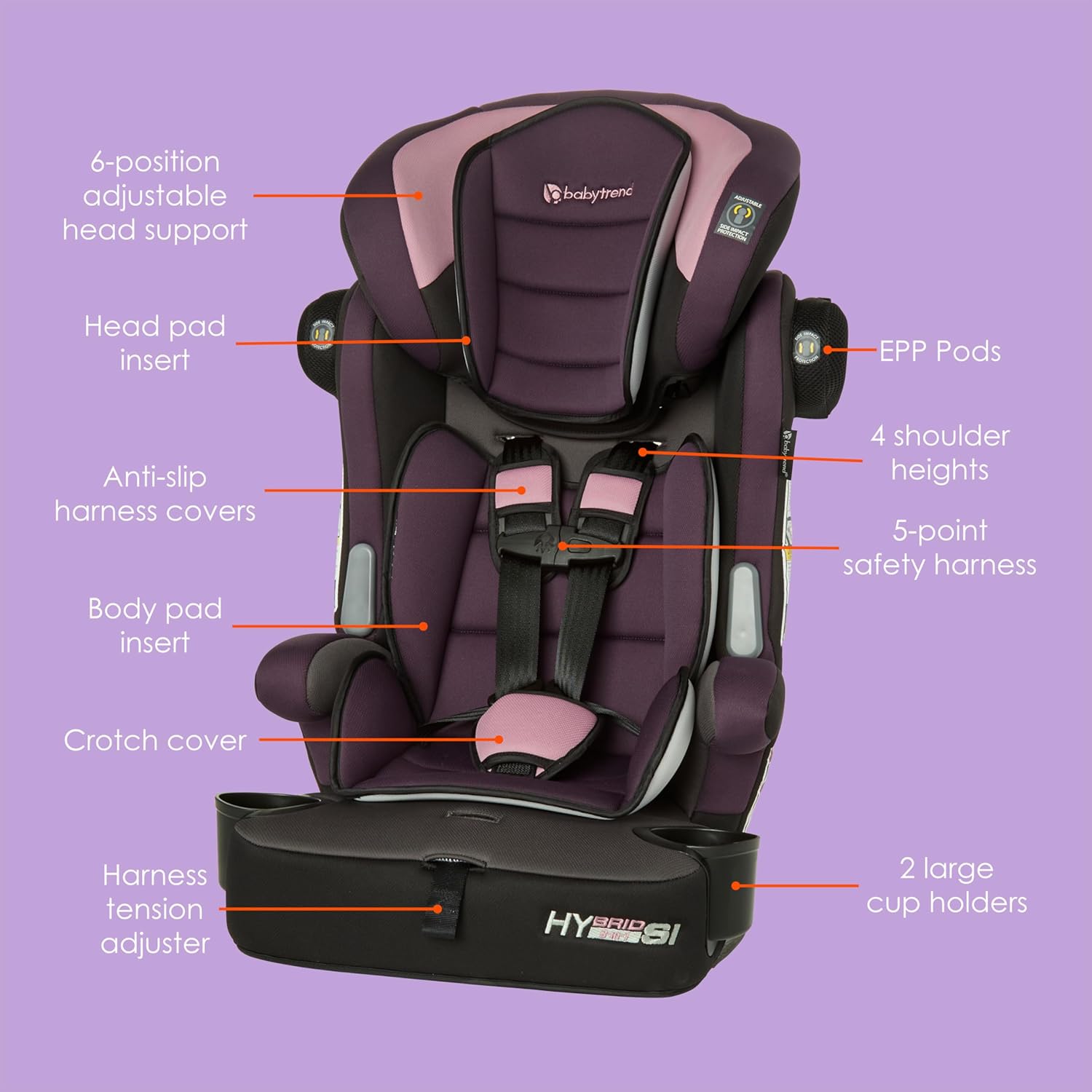 Baby Trend Hybrid SI 3-in-1 Combination Booster Seat, Dash Orchid – Side-Impact Protection, 3-Stage Growth Design, Adjustable Headrest, Cushioned Comfort