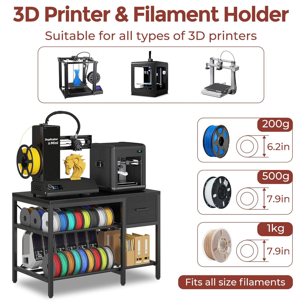 3D Printer Stand with Filament Storage – Heavy Duty Metal 3D Printer Table with Drawer and Power Hub for Workshop, Studio, and Office