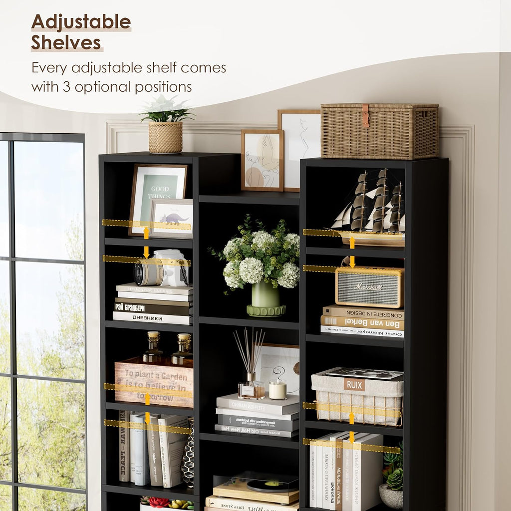 FOTOSOK 71'' Tall Bookshelf with 21 Cubes, 8 Tier Triple Wide Black Bookshelf with 8 Adjustable Shelves, 35' Large Bookcase DVD/CD Media Tower Storage, Freestanding Display Shelf Cabinet, Black