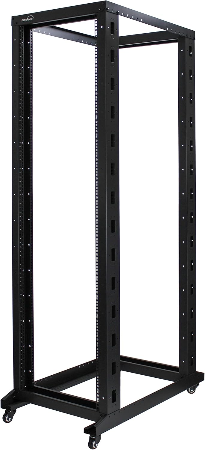NavePoint 42U Server Rack, 4-Post Open Frame Rack for 19' Networking Equipment, 1000mm, Stationary/Casters, Black Steel, Max Weight Capacity 881 Lbs