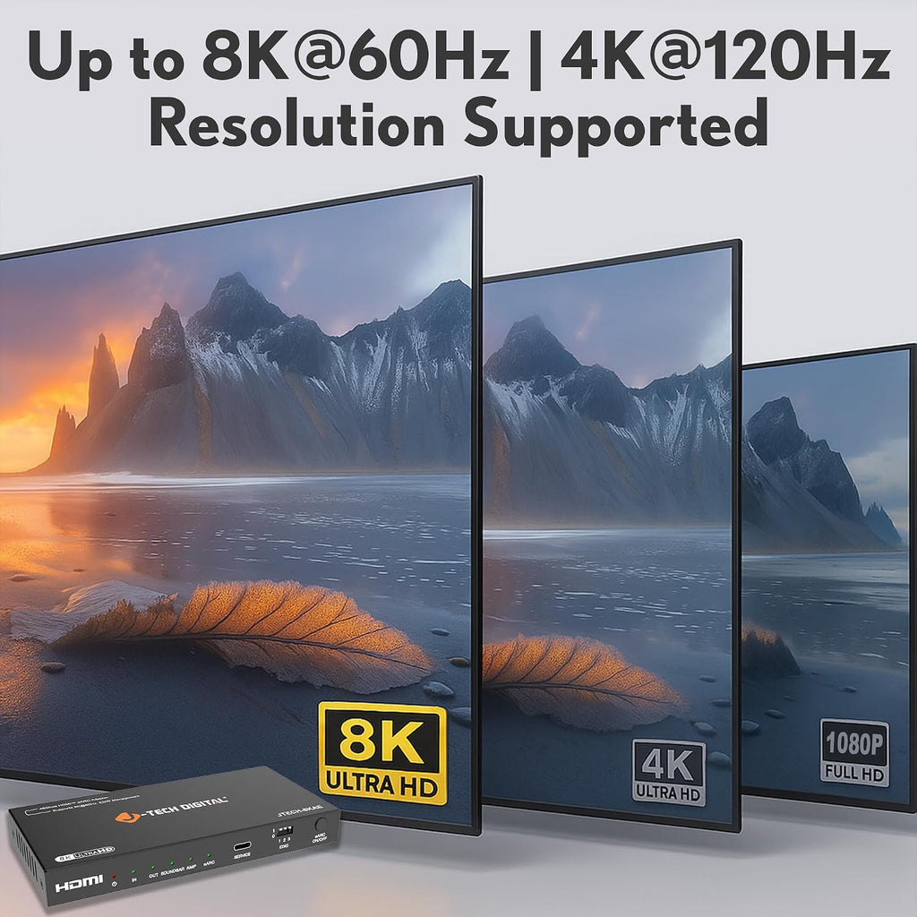 J-Tech Digital 8K HDMI Audio Extractor with eARC ARC 8K 60Hz 4K 120Hz, HDMI to Optical L/R Converter Adapter, HDCP 2.3 HDR CEC EDID [JTECH-8KAE]