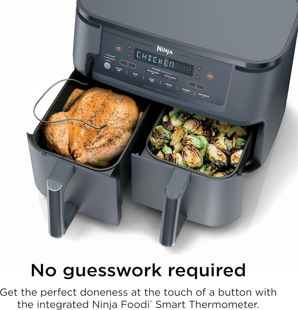 Ninja Foodi Air Fryer w/Smart Cook Thermometer | 6-in-1 Air Fry, Roast, Bake, Dehydrate & More | DualZone™ Match Cook & Smart Finish, 2 Independent Baskets | XL 10 Qt, Stainless Steel | Grey,DZ550GY