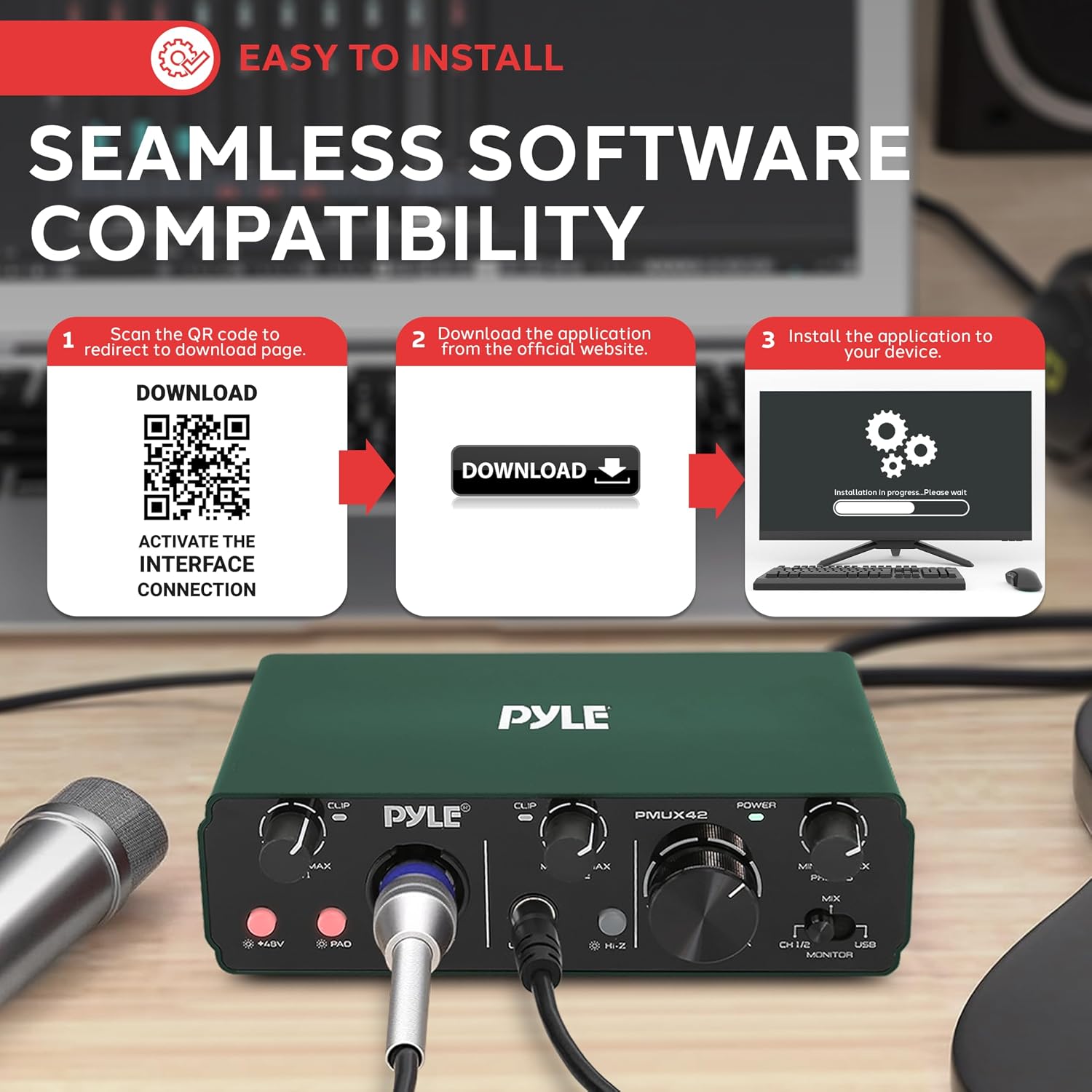 Pyle USB Audio Interface for Recording Music, Podcasting, and Streaming – 2-IN/2-OUT, 24bit/192kHz, Low-Noise, High-Fidelity Studio Quality, USB Powered, Rugged Metal Chassis, 5.9' x 4' x 1.8'