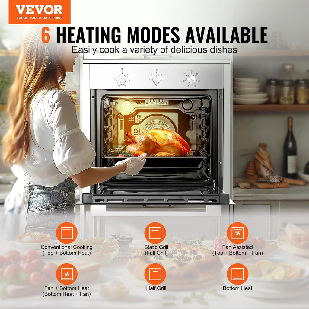 VEVOR Single Wall Oven, 2.68 Cu.Ft Electric Wall Ovens with Timer, 24' Built-in Electric Wall Oven with 6 Cooking Functions, Mechanical Knob Control Convection Wall Oven with Baking Rack and Tray
