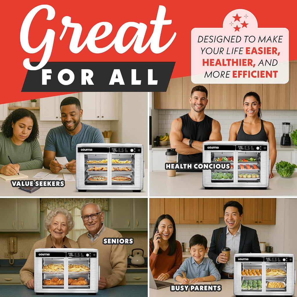 Gourmia French Door Air Fryer Oven - 37 Qt Large Capacity Convection Toaster Oven, FryForce 360°, Digital Display, 12 Cooking Presets, Dehydrate, Fits 13' Pizza, Dishwasher-Safe, Stainless Steel