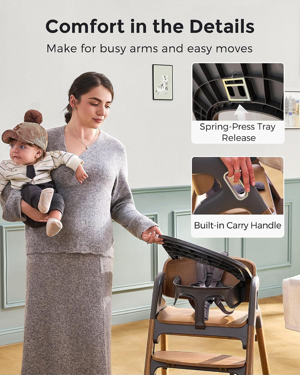 Momcozy High Chair, 5-in-1 Convertible Wooden High Chair with Food-Grade Tray, Baby Set with Removable Harness and Toddler Tower, Highchair for 6 Months to 308 lb, Adjustable & Ergonomic, Walnut