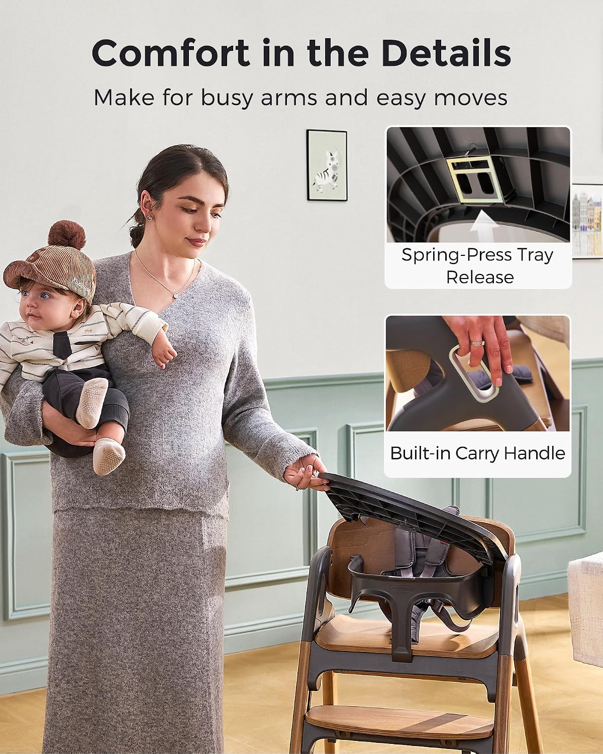 Momcozy High Chair, 5-in-1 Convertible Wooden High Chair with Food-Grade Tray, Baby Set with Removable Harness and Toddler Tower, Highchair for 6 Months to 308 lb, Adjustable & Ergonomic, Walnut