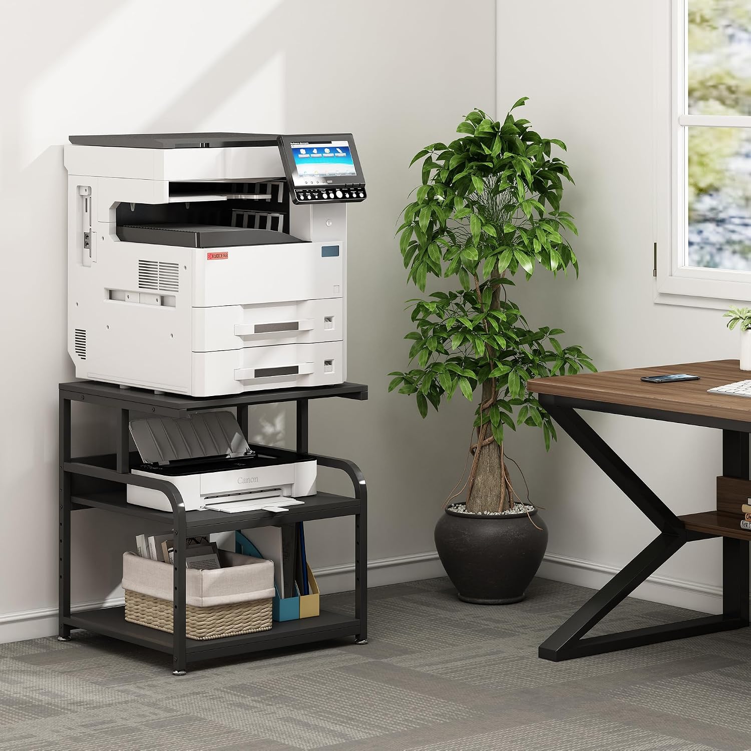 Fannova 25.6' x 23.6' Extra Large Printer Stand Table with Adjustable Storage Shelf, 3 Tier Rolling Printer Cart with Industrial Wheels for Home Office, Black