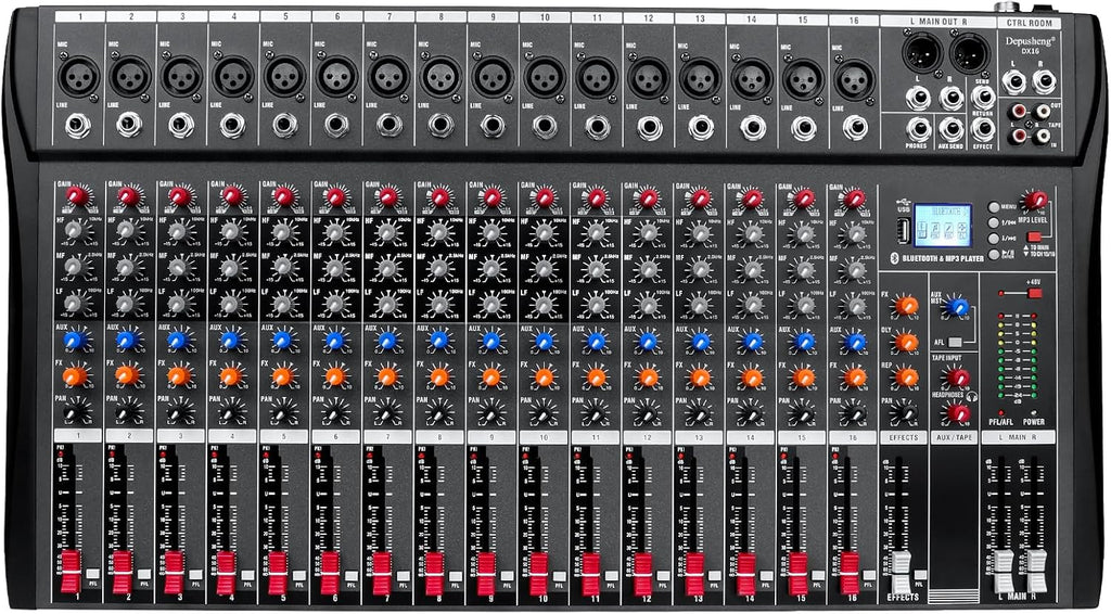 Depensheng DX16 DJ Sound Controller Interface w/USB Drive for Computer Recording 16-Channel Studio Audio Mixer - XLR Microphone Jack, 48V Power, RCA Input/Output for Professional and Beginners