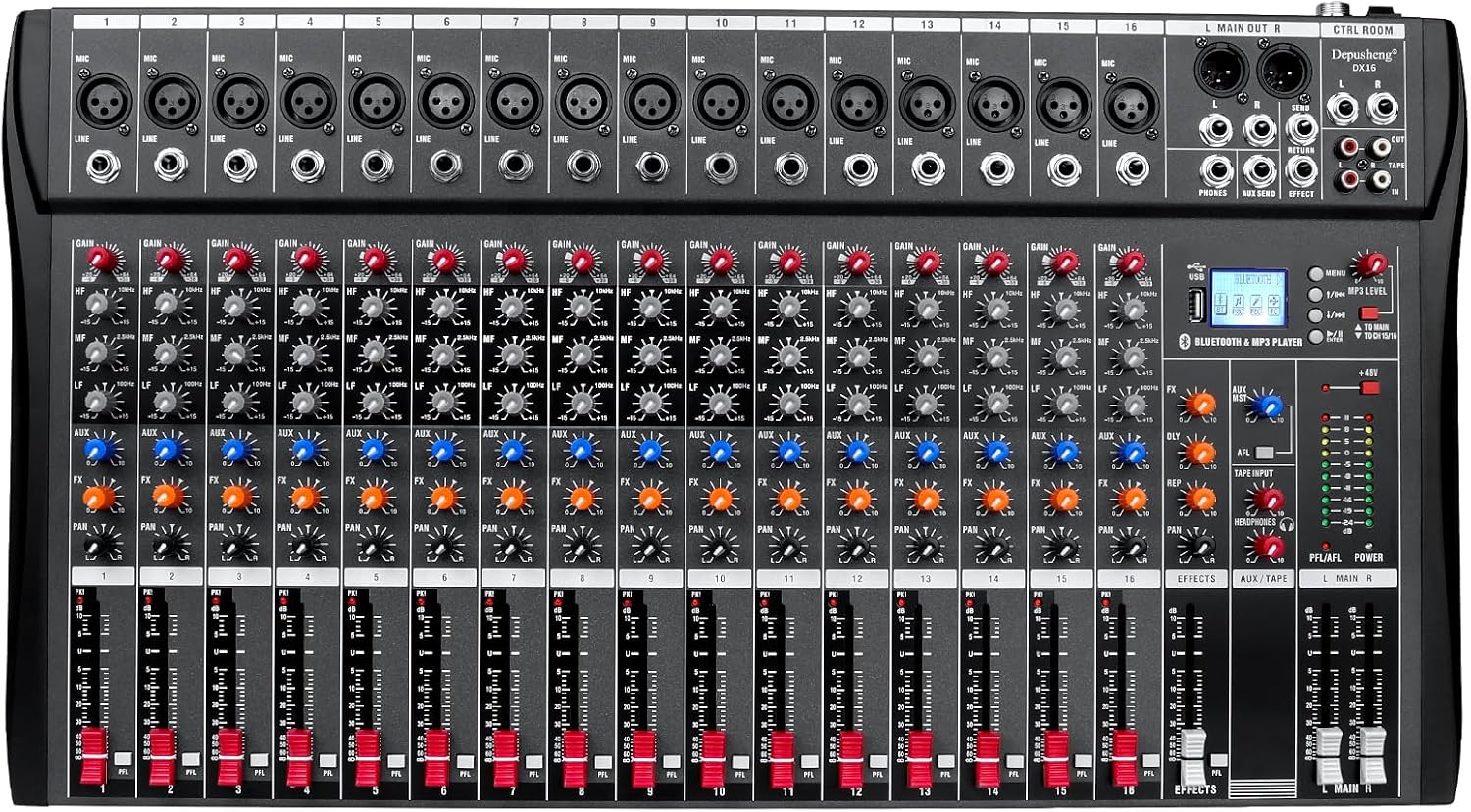 Depensheng DX16 DJ Sound Controller Interface w/USB Drive for Computer Recording 16-Channel Studio Audio Mixer - XLR Microphone Jack, 48V Power, RCA Input/Output for Professional and Beginners