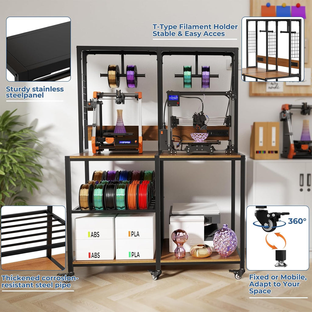 Double 3D Printer Stand with Filaments Storage, 3D Printer Table Filament Storage Rack with Power Outlets Heavy Duty Printer Cart Desk for Workshop Studio Office (Double)