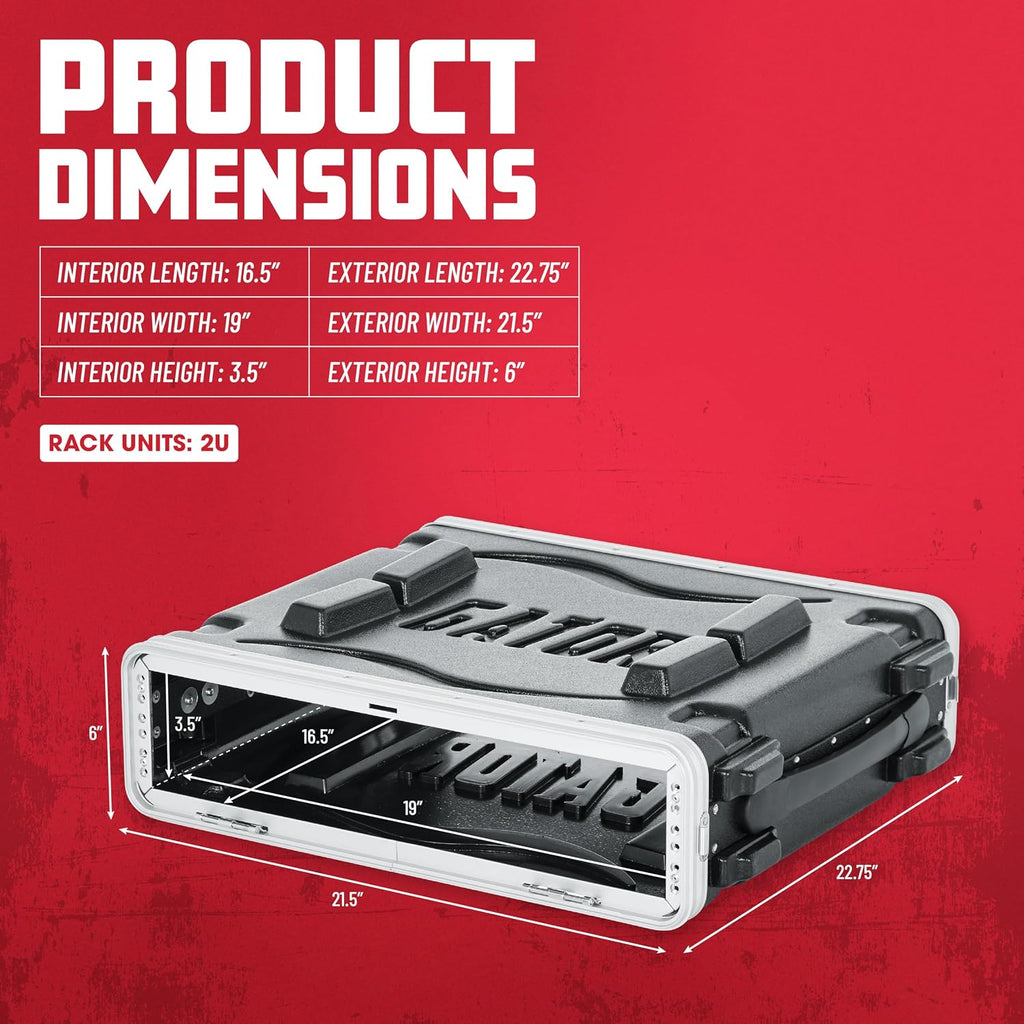 Gator Cases Soundcheck Series Lightweight Molded 2U Rack Case with Heavy Duty Latches, Standard 19.25' Depth (GR-2L)