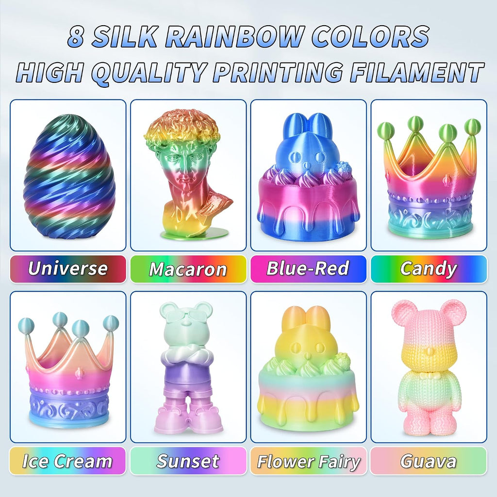 PINBALL Silk Rainbow PLA 3D Printer Filament 1.75mm Shiny Multi-Color Changing Filament 3D Printing PLA Filament Dimensional Accuracy +/- 0.02mm 8 KG 8 Colors