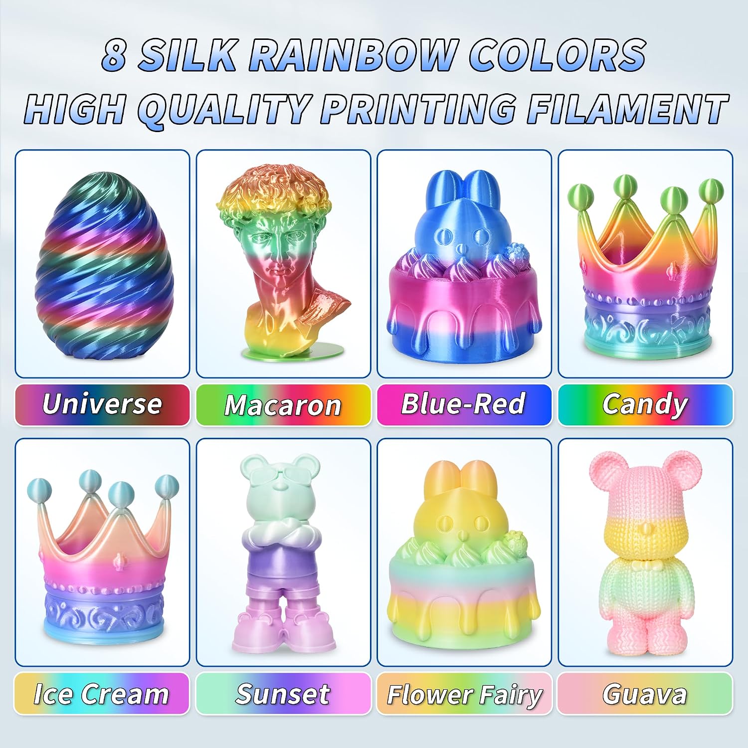 PINBALL Silk Rainbow PLA 3D Printer Filament 1.75mm Shiny Multi-Color Changing Filament 3D Printing PLA Filament Dimensional Accuracy +/- 0.02mm 8 KG 8 Colors