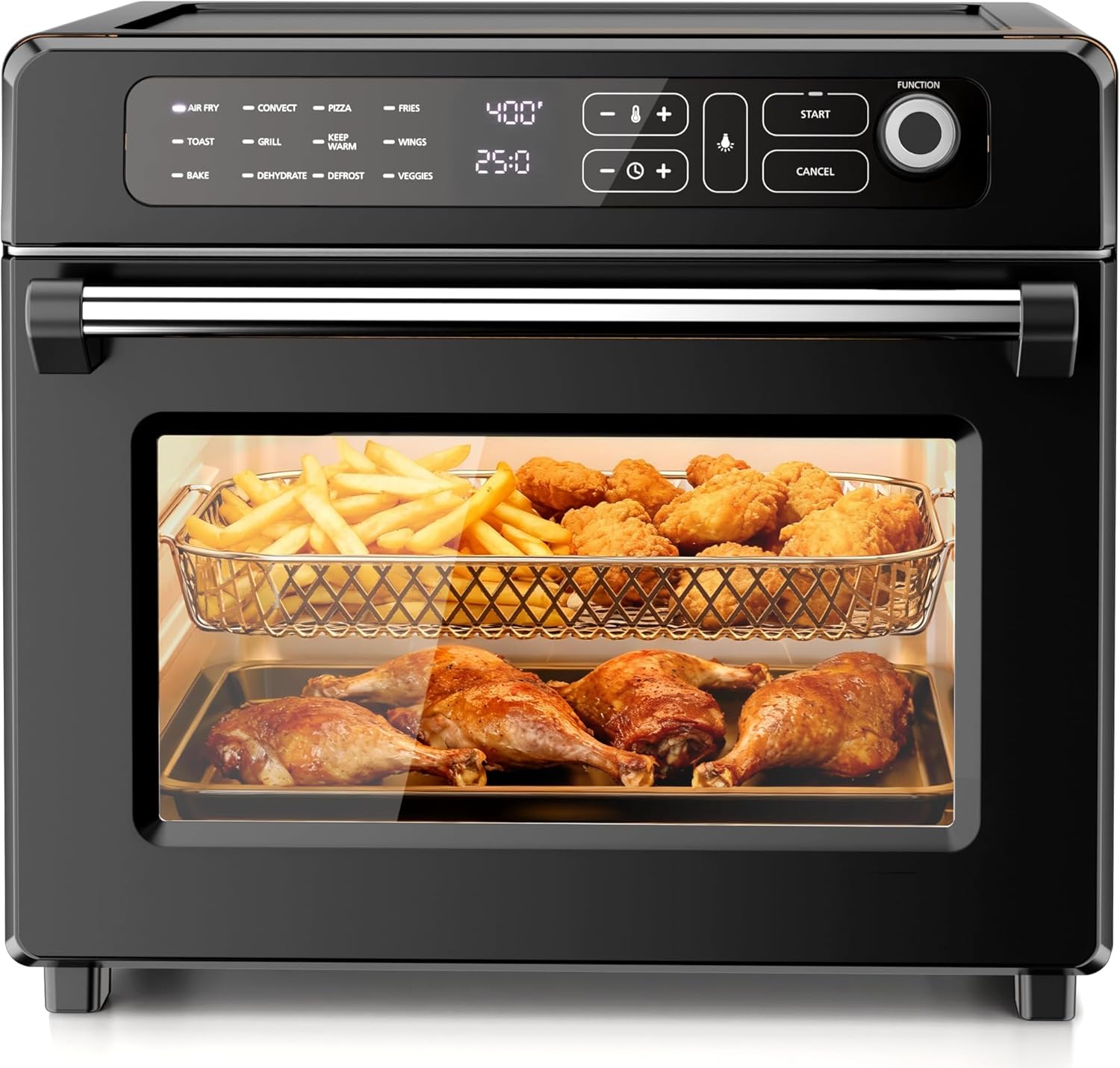 Kismile 25QT Air Fryer Toaster Oven Combo, 12-in-1 Large Countertop Convection Airfryer Oven, 70–450℉, Bake, Roast, Reheat, Broil, Fits 12″ Pizza, Includes Full Accessories, Stainless Steel(Black)